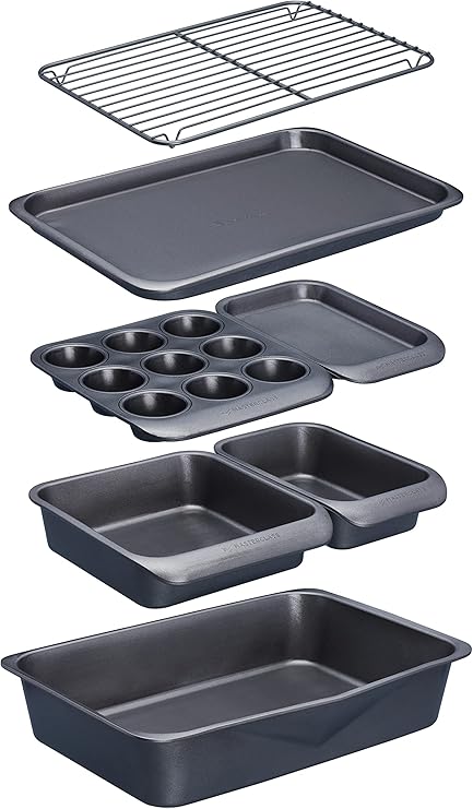 Seven-first Master Class KitchenCraft Smart Space Non Stick Carbon Steel Stackable Bakeware Set Including Roasting Tin, Baking Trays and Muffin Tray, 7 Piece Set