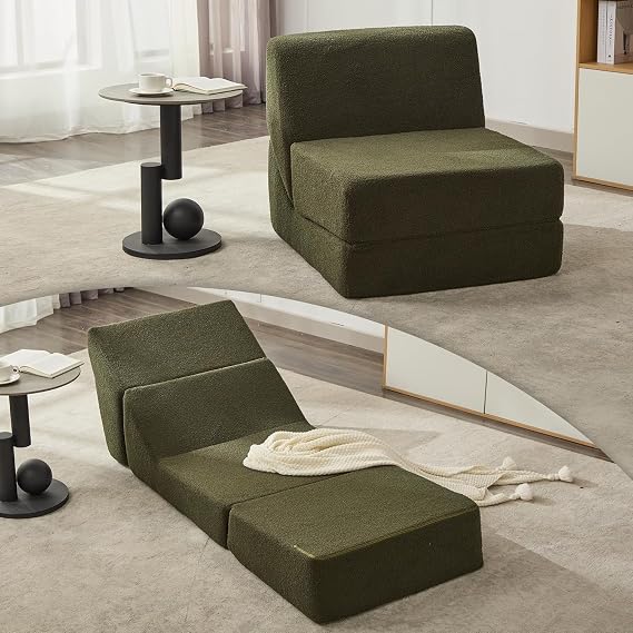 3-in-1 Folding Sofa Bed, Foldable Sofa Chair with Memory Foam for Small Space, Fold Out Couch Bed for Living Room, Floor Couch Bed for Bedroom, Green