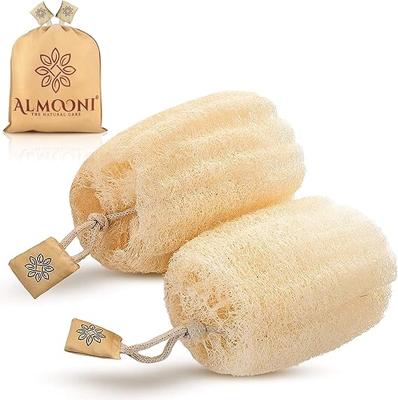 ALMOONI Natural Loofah Body Scrubber, Egyptian Loofah Sponge, 2 Count | Natural Egyptian Loofah Sponge, Round Shape Shower Sponge for Face & Body, Men & Women, Gentle Exfoliation, Large Size