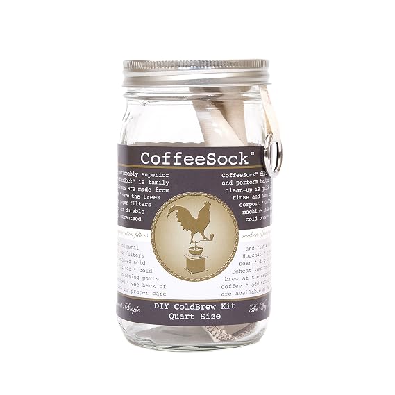 CoffeeSock Cold Brew Kit - 32 oz Mason Jar Cold Brew Maker with Organic Cotton Filter - GOTS Certified Reusable Cold Brew Coffee Starter Set - Airtight Jar, Eco-Friendly Gift