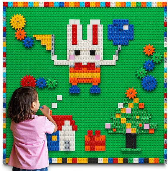 MIMAX Customize Building Block Wall, 470+ PCS Activity Wall Mount Toys Bricks with Self Adhesive Baseplate 9PCS (10"x10") for All Major Brands, Art Build On Table Wall, Green