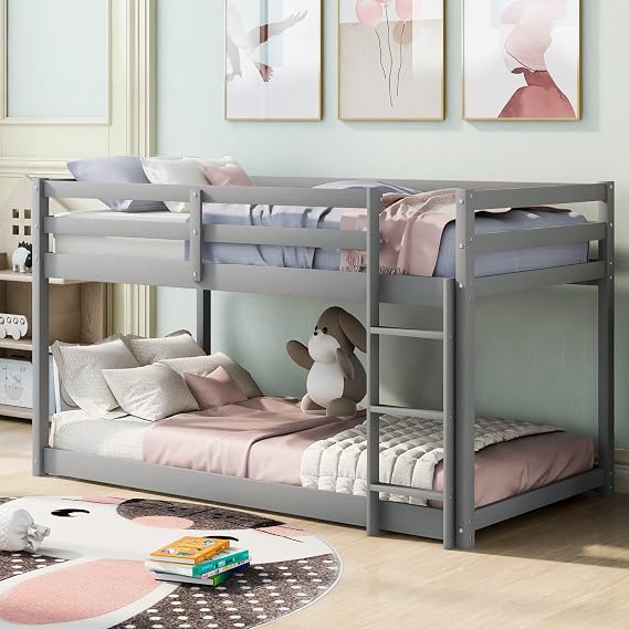 Twin Over Twin Bunk Bed, Wood Low Profile Bunkbeds with Full-Length Guardrail and Ladder, Space Saving, No Boxing Spring Needed (Gray)