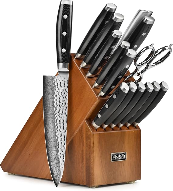 Enso HD 16 Piece Knife Set - Made in Japan - VG10 Hammered Damascus Stainless Steel with Acacia Block