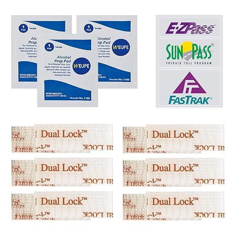 EZ Pass/I-Pass/SunPass Adhesive Strips, Toll Tag Tape Mounting Kit, Peel and Stick Adhesive Strips, Reclosable Fastener, Clear Dual Lock Tape Strips, 12 Strips (3 Sets) with 3 Cleaning Prep Pads