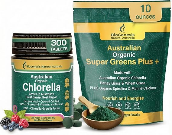 Biogenesis Ultimate Greens Stack Chlorella Tablets (Berry) & SuperGreens Powder Australian Grown Organic Spirulina, Wheatgrass, Barley Grass Immune & Energy