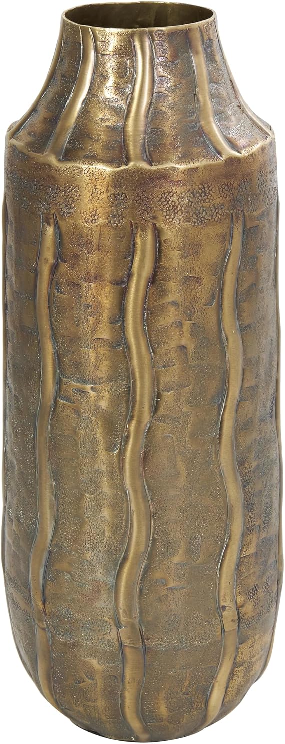 Deco 79 Metal Decorative Vase Snakeskin Inspired Centerpiece Vase with Dimensional Wavy Accents, Flower Vase for Home Decoration 6" x 6" x 14", Brass