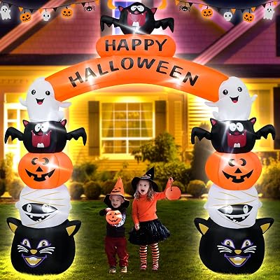 8FT Halloween Arch Inflatable Decoration Halloween Blow up Stacked Arch by Pumpkin Ghost Cat with LED Lights Indoor Outdoor Yard Party Graden Holiday Decor