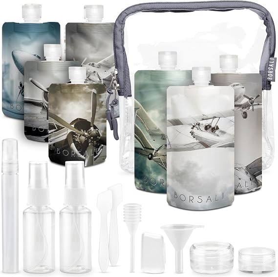 BORSALI Travel Pouches for Toiletries, Portable Flat Pack Squeeze Containers for Shampoo & 3-1-1 Liquids, Empty Travel Size Essentials for Women - 18 Piece Set with TSA Approved Bag