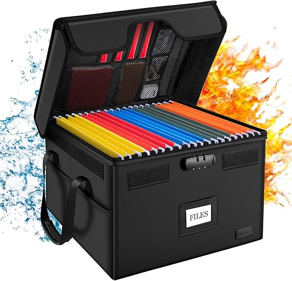 File Box with Lock, Fireproof Document Box with 5 Tabs, Collapsible File Organizer with Handle for Letter & Legal Size Folder/Certifications/Books Storage, Black