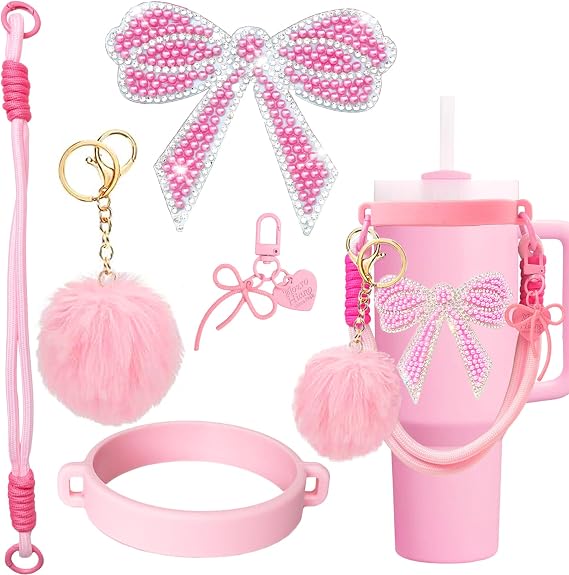 Pink Water Bottle Accessories Set Compatible with Stanley Cup 20oz-40oz, Bling Rhinestone Bow Charm, Fluffy Pom Pom Keychain, Silicone Boot & Paracord Strap, Cute Tumbler Decor for Women Girls