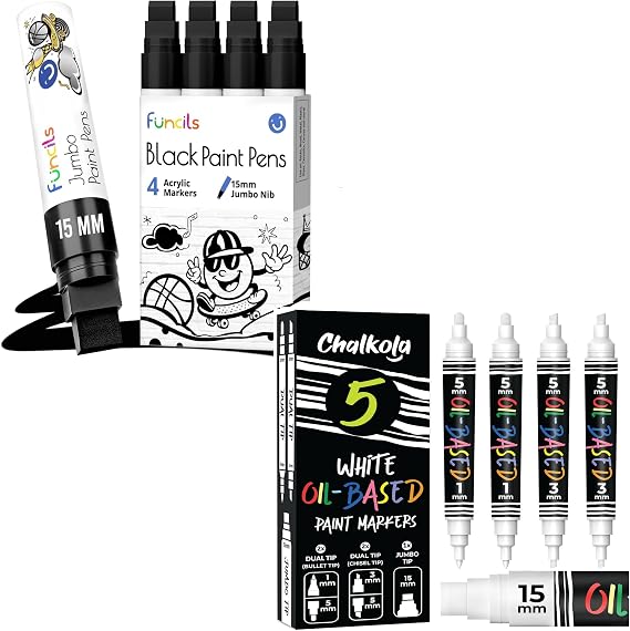 15mm Black Acrylic Pens and White Oil based Paint Pens Bundle
