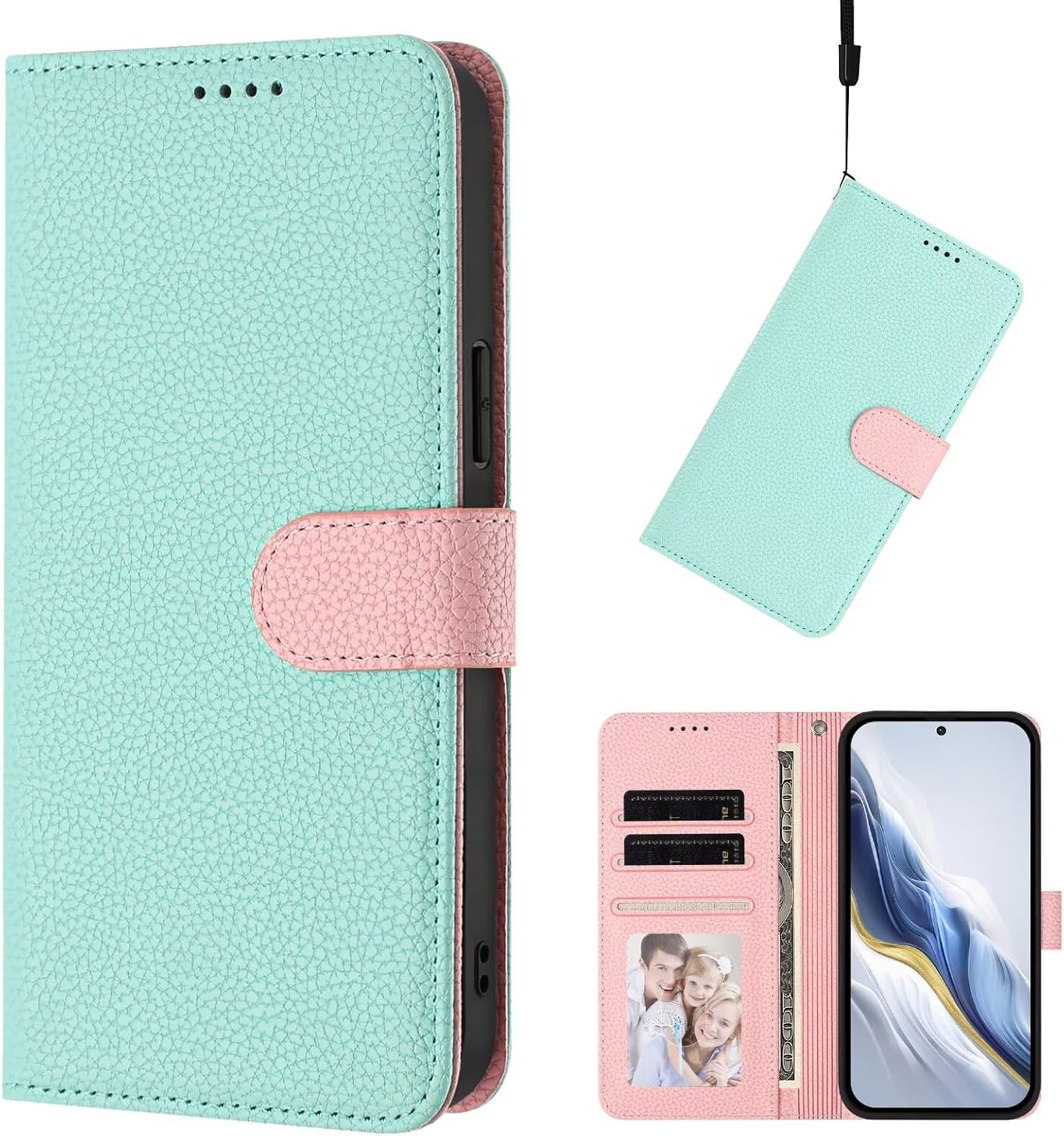 ウォレットケース Samsung Galaxy A07用 - PUレザー キャッシュ クレジット カード スロット ホルダー キャリー フォリオ フリップ カバー 取り外し可能な磁気ハードケース ランヤード - グリーン/ピンク