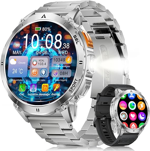 LIGE Military Smart Watches for Men, Smart Watch with 730mAh/1.62" AMOLED Screen/Flashlight/Heart Rate/Sleep/Calling/110+ Sports Mode, Rugged Men's Fitness Tracker Watch for Android iOS,Silver