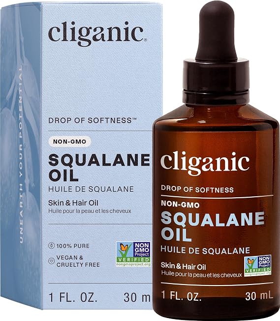 Cliganic Pure Squalane Oil for Skin & Hair (1oz) - Non-GMO Verified, Natural Plant-Derived Face Moisturizer