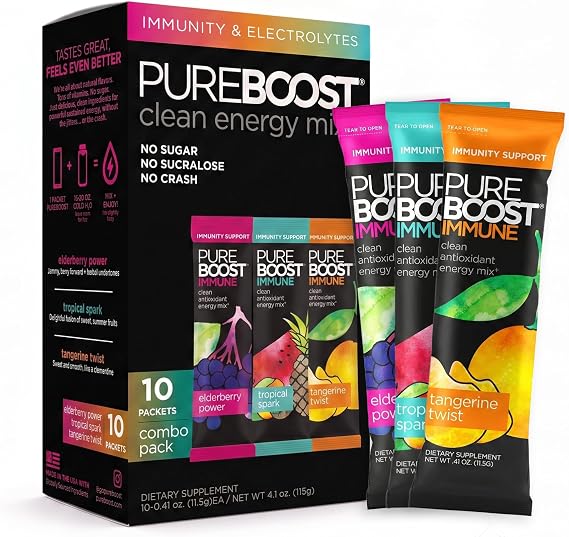 Pureboost Sugar-Free Immune Clean Energy Booster Drink Mix, Combo Pack 10ct
