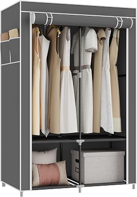 Portable Closet Fabric Wardrobe, Clothes Storage Organizer Shelves with Non-Woven Cover, 4 Storage Shelves | 2 Hanging Rods | 4 Side Pockets, 41-Inch Easy to Assembly,Grey GY-0494