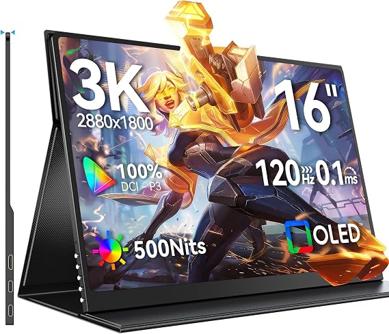 UPERFECT OLED Portable Monitor, 16" 3K 120Hz 0.1ms Portable Gaming Monitor | 2880x1800 | 500 Nits | 100% DCI-P3 | 100000:1 Contrast | Ultra-Slim Design for Laptop Mini PC Phone Game Consoles Ucolor O2