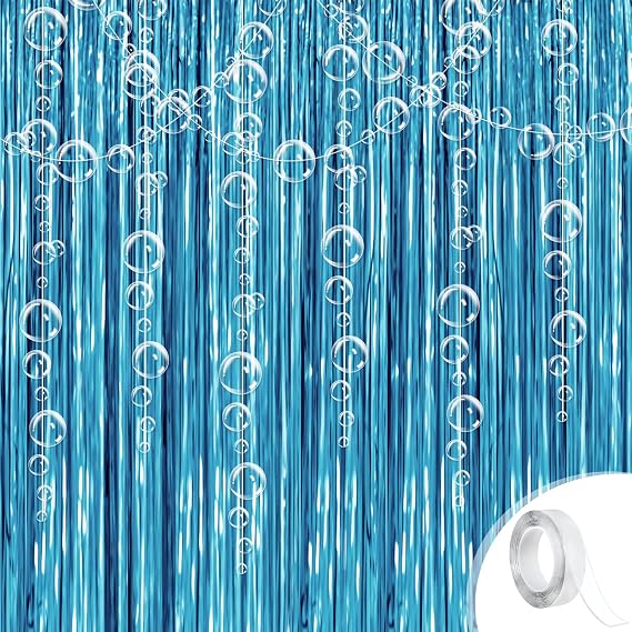 Under The Sea Party Decorations,2 Blue Backdrop 6 Bubble Garlands | with Tape for Beach,Water,Pool,Ocean Themed Decor,Mermaid Birthday Photo Props,Ocean Baby Shower Party Supplies