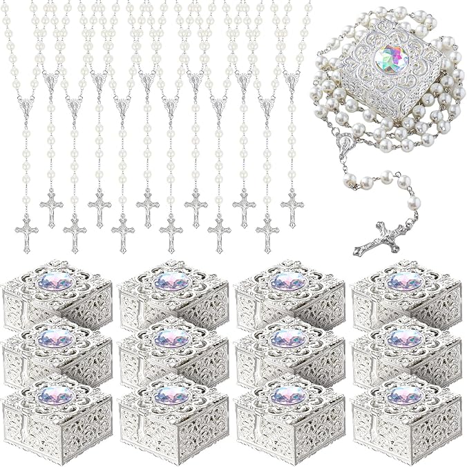 ROCEEI Catholic Rosary Necklace Pearl Rosary Bead with Box