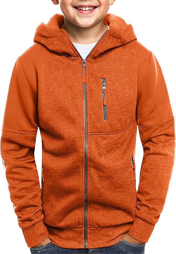 Teen Boys Zip up Hoodies Plain Thick Cargo Hoodie Sweatshirts Youth Kids Fleece Warm Jacket Outwear with Pockets
