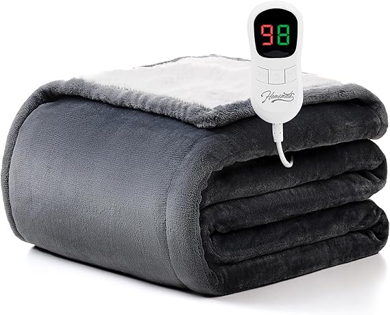 Homemate Heated Blanket Electric Throw - 50"x60" Heating Blanket Throw 1/2/4/6/8 Hours Auto-Off 10 Heat Level Over-Heat Protection Flannel Sherpa ETL Certification