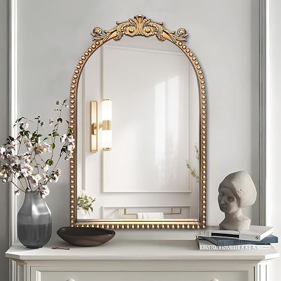 BAODANFU Arendahl Traditional Vintage Arch Mirror, 20" X 30" Baroque Ornate Accent Wall Mirrors Decorative Beaded Frame for Bathroom Sink, Entryway, Bedroom Vanity, Over Mantel Fireplace Wall Decor