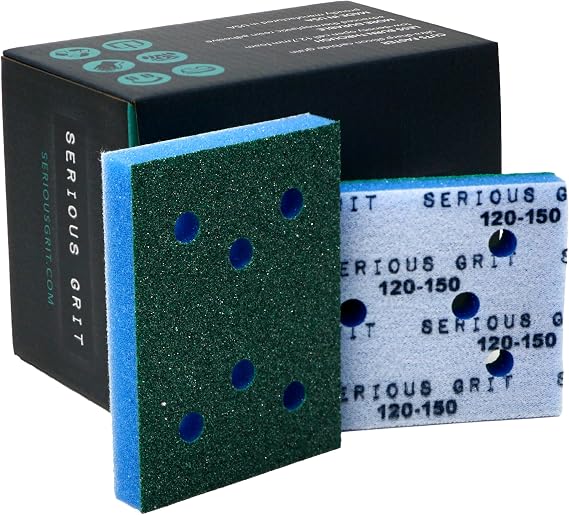Serious Grit - 3x4 1/2" Foam Sanding Pads - 120-150 Grit Finish - 10 Pack | Fits SurfPrep & Uneeda Ekasand - Hook & Loop Foam Sandpaper for Profile Sanding, Cabinetry, Paint, Moulding - Made in USA