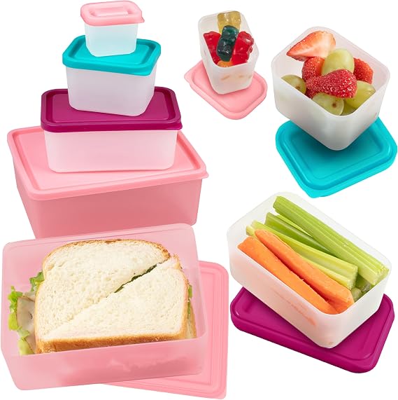 Bentology Snack Buddies - Mini Bento Snack Lunch Box w 4 Portion Control Meal Containers and Lids - BPA, PVC Free, Food Safe On-the-Go lunchbox - Pink