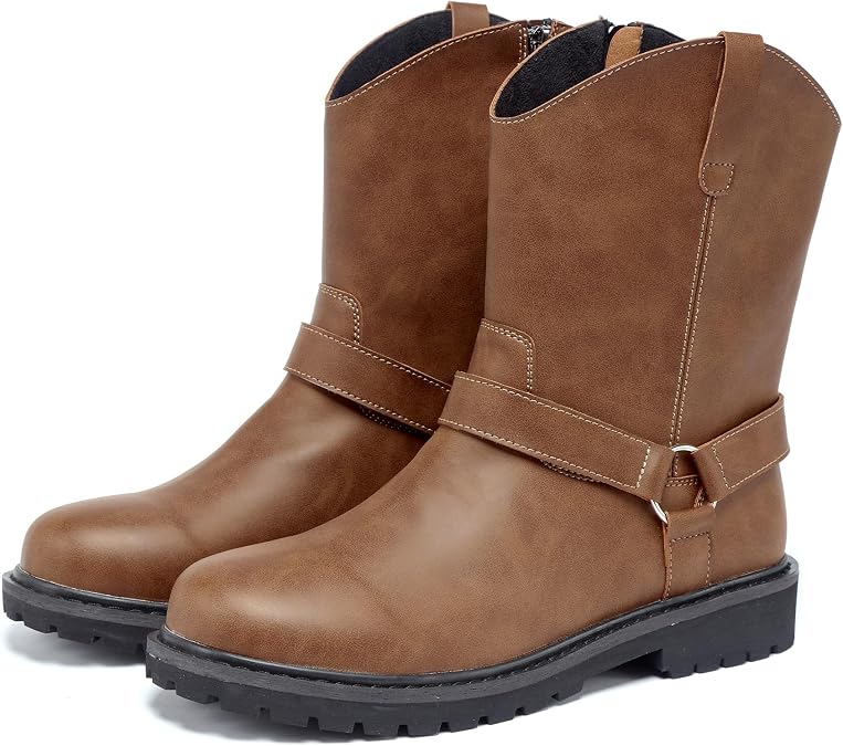 Men's Motorcycle Leather Boots - Black Waterproof Low Heeled Riding, Bicycle, Wide Calf Cowboy, and Hiking Boots