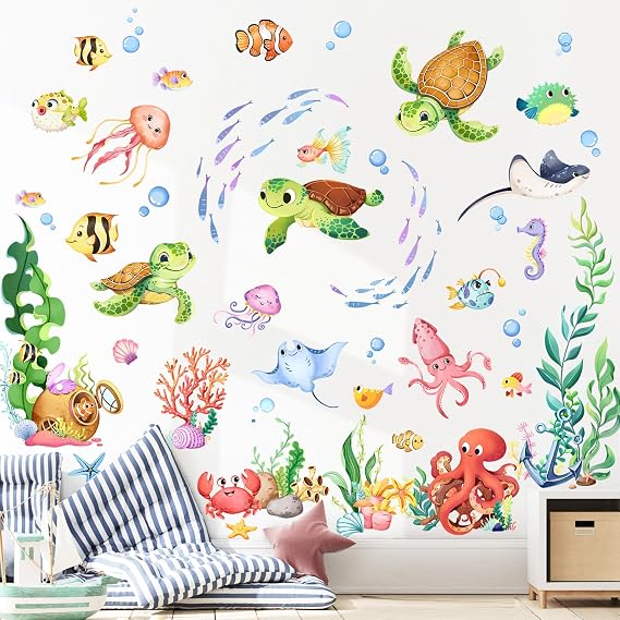 Supzone Under the Sea Wall Decals - Cute Sea Turtle Ocean Fish Seaweed Octopus Wall Stickers for Kids Baby Nursery Toddlers Bedroom Bathroom Playroom Decor