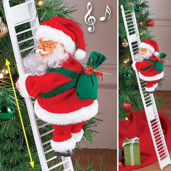 Electric Santa Claus Climbing Ladder, Funny Climbing Santa Music, Electric Climbs Up and Down, Christmas Tree Decorations for a Festive Touch (White)