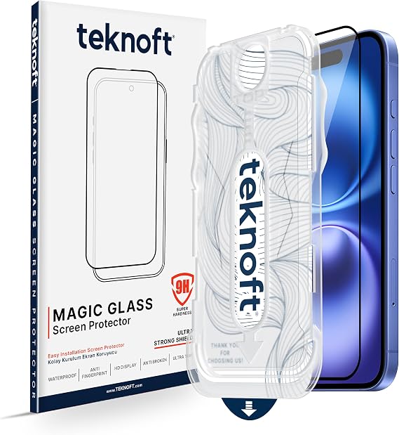 Teknoft iPhone 16 için Kolay Kurulum Kitli Takılırken Camın Altında Kesinlikle Toz Bırakmayan Ekstra Güçlendirilmiş Tam Koruma Sağlayan Pürüzsüz Lazer Kesim Premium Ekran Koruyucu Kırılmaz Cam