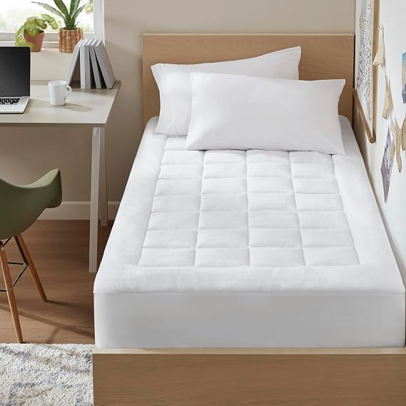 Madison Park Down Alternative Mattress Pad Waterproof Knit, Twin, White | Ultra Soft, Quilted Pocket, Fitted Skirt Stays Secure, Plush, OEKO-TEX Certified