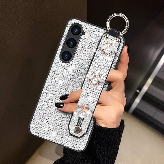 Guppy Compatible with Samsung Galaxy S24 Bling Stand Holder Case, Luxury Sparkle Bling Protector Cover with Stand Holder Hand Strap,Glitter Cute Bee Wrist Strap Kickstand Phone Case