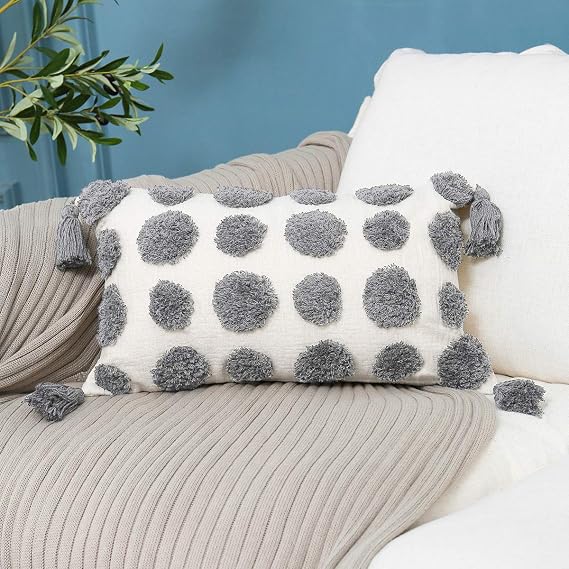 PLWORLD Gray 12x20 Boho Lumbar Pillow Cover Tufted Chenille 1PC No Insert