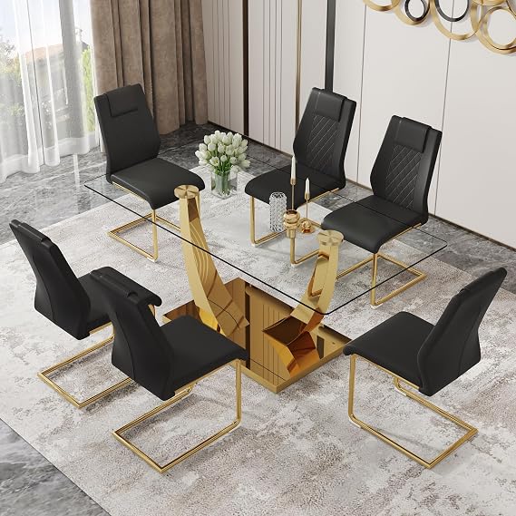 Glass Dining Table Set for 6, Modern Kitchen Table Set for 6, 71" Tempered Glass Tabletop with U-Shaped Gold Base, 7 Ppiece Large Dining Room Table Set with Black PU Leather Chairs