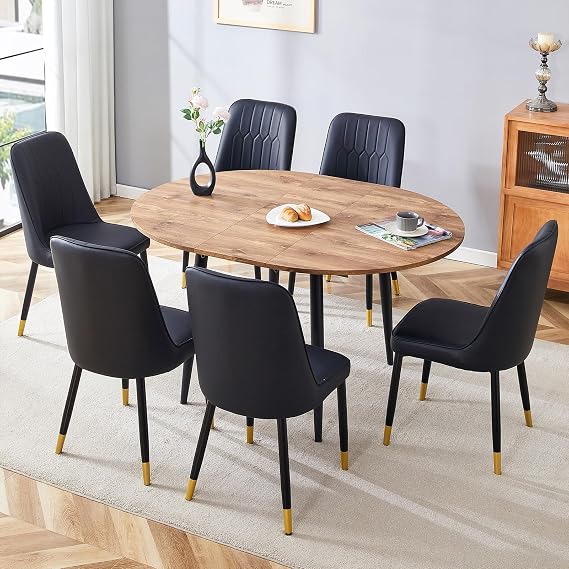 7-Piece Dining Room Table Set with 6 Chairs, 54" Extendable Kitchen Table & Chairs Set for 6 People, Space Saving Telescopic Breakfast Nook Tabletop with Metal Leg, Black+Wood
