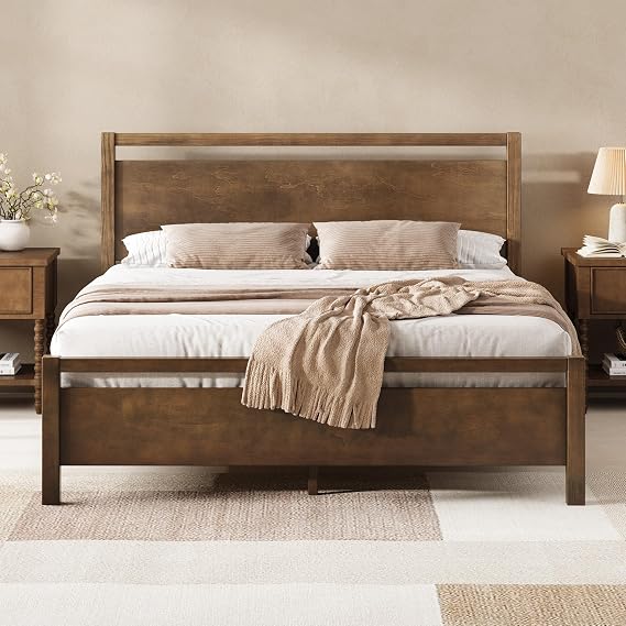 AMERLIFE Minimalist Queen Size Solid Wood Bed Frame with Headboard | Platform Bed with Wooden Slats Support/No Box Spring Needed/Easy Assembly/Noise-Free, Dark Brown