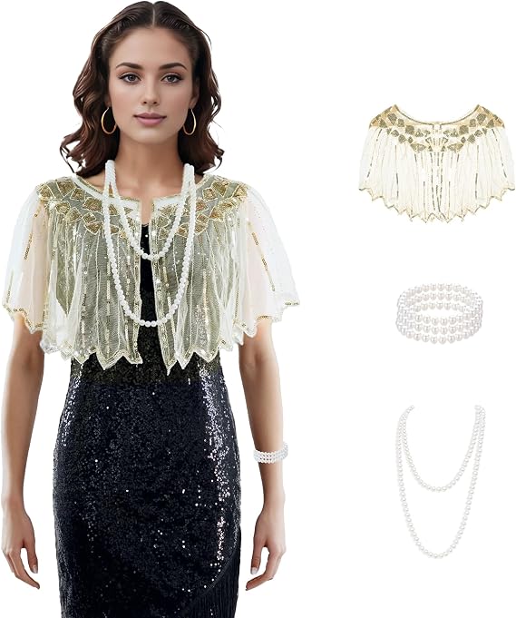 Baisdan 1920s Shawl for Women Gatsby Dress, Flapper Shawl with Beads Set, 1920s Accessories for Women, Roaring 20's Costume