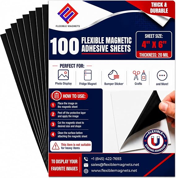 Flexible Magnets Magnetic Sheets with Adhesive Backing, 4" x 6" (100 Pack) Stick-On Magnetic Sheets for Refrigerator Magnets, Magnetic Labels, Crafts, DIY Projects & More