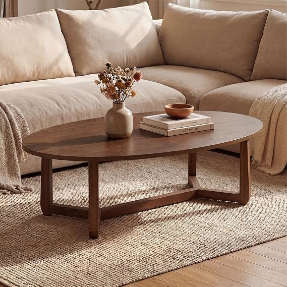 GIANTEX Oval Coffee Table, 46'' Wood Center Table for Living Room, Walnut
