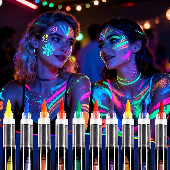 Oiomniv Glow in The Dark Face Paint Markers, 10 Colors Neon Body Paint Pens | UV Blacklight Tattoo Markers, Waterproof, Skin-Safe & Washable for Temporary Tattoos, Halloween, Music Festivals and Parties