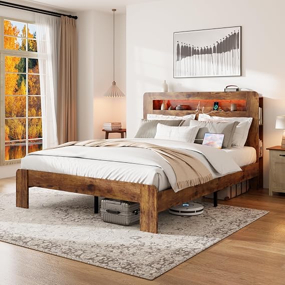 extrasleep Wooden Queen Size Bed Frame with Storage Headboard, Farmhouse LED Light Platform Bed Frame with 2 USB, 2 Outlets & Bookcase Shelf, Noise Free Metal, No Box Spring Needed, Dark Brown