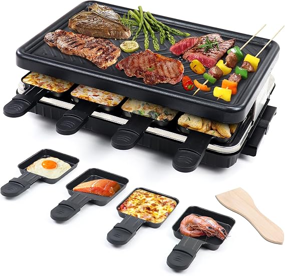Raclette Grill, Raclette Table Grill, Korean BBQ Grill Indoor, 8 Trays | 1300W Adjustable Temperature Control, 8 Nonstick Cheese Pans, Dishwasher Safe for Family Dinners and Parties