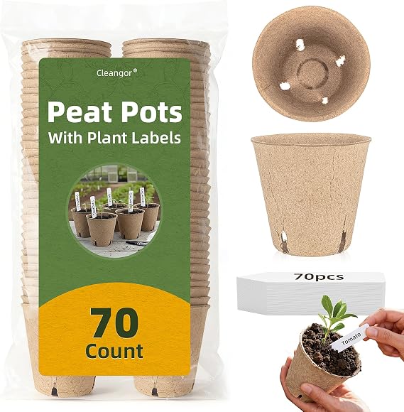 CLEANGOR 70Pcs Biodegradable 4 Peat Pots with 70Pcs Plant Labels
