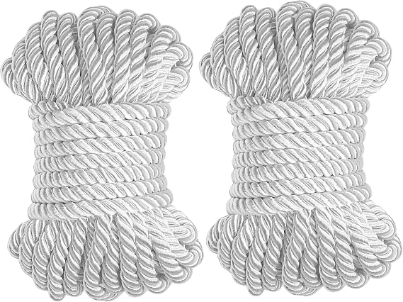 2pcs Silk Rope, Soft Strong Braided Twisted Japanese Cord Kit, 32.8 Feet (10m) L, 0.24 Inch (6mm) Dia, Thread Shiny Solid Twine String for Bandage Play Knot Tying Practice Adults All Purpose (White)