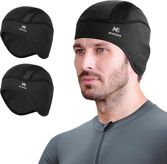 MELASA Cooling Skull Cap Helmet Liner with Ear Flaps, Breathable Mesh | Ear Flaps For Sun/Wind Protection, Sweat-Wicking, Quick-Dry, Snug Fit, Fit Under Helmets For Cycling Hard Hat