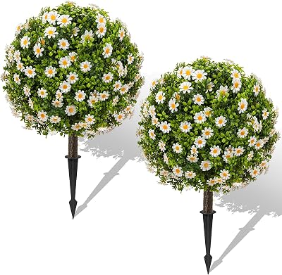 25 Artificial Boxwood Topiary Ball Trees with Daisy Flowers, Set of 2 UV Resistant No Fade Outdoor Faux Plants with Ground Spike, Fake Shrubs for Garden, Patio, Porch, Yard, Indoor Decor