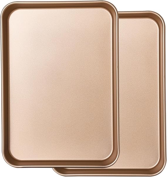 2 Pack 14 X 10 Inches Quality Baking Sheet Pan, Slick Carbon Steel Baking Sheet Set, Warp Resistant Nonstick Cookie Baker's Half Sheets for Baking, Roasting, Gold