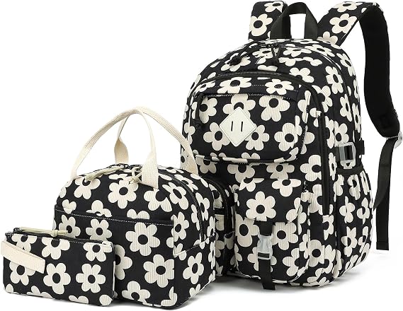 3Pcs Corduroy School Backpack for Girls, Kids Large Capacity School Bag Bookbags Set with Lunch Box and Pencil Bag (Corduroy Flowers Black)